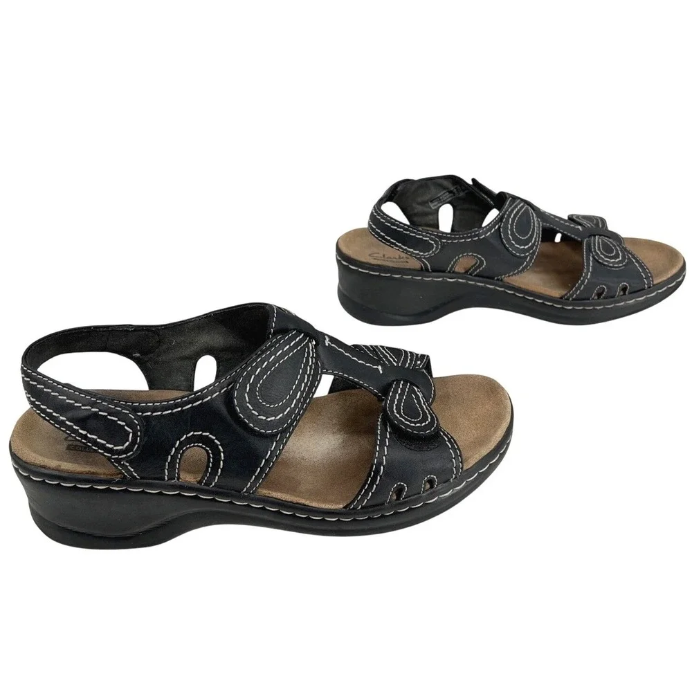 Clarks Lexi Walnut Sandals Womens 8.5 M Black Leather Wedge Casual Bow Stitching